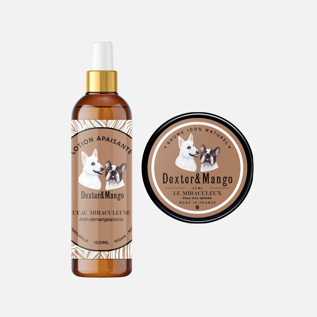 Spray L’eau Miraculeuse et baume Le Miraculeux pour chien Dexter & Mango, pour apaiser les peaux sensibles