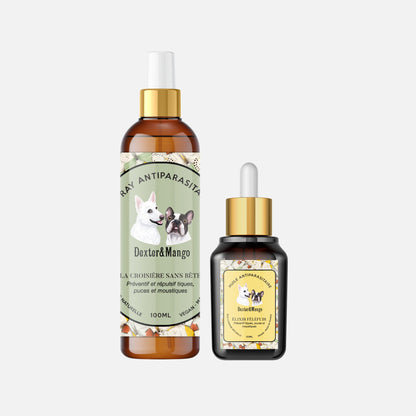 Produits antiparasitaires naturels pour chien Dexter &amp; Mango – spray La Croisière sans bête et élixir Fèléfuir
