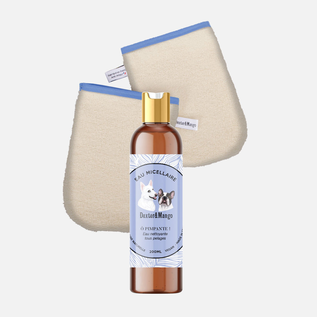 Eau micellaire naturelle pour chien Dexter & Mango avec deux gants lavables en tissu doux.