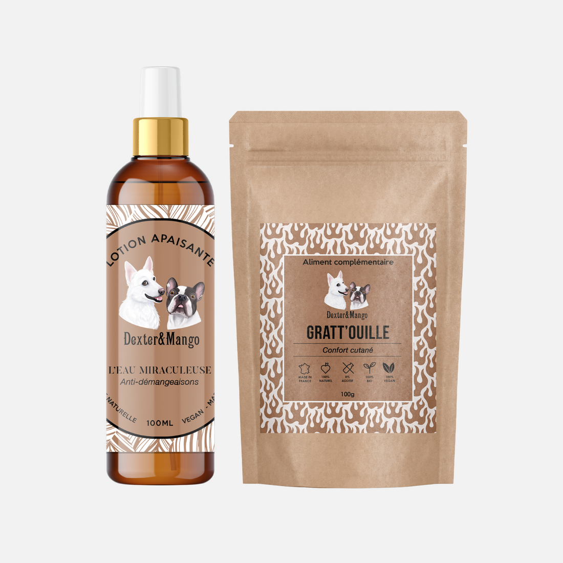  Duo de produits Dexter &amp; Mango pour soulager naturellement les démangeaisons du chien, avec la lotion apaisante L’Eau Miraculeuse et le complément Gratt’ouille