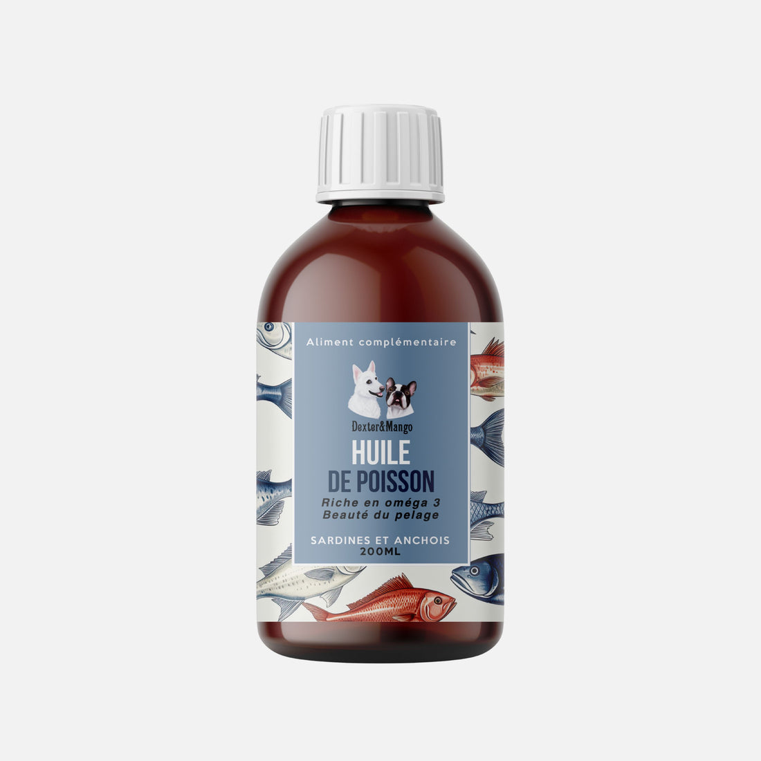 Flacon d’huile de poisson Dexter &amp; Mango pour chien, riche en oméga 3, sardines et anchois