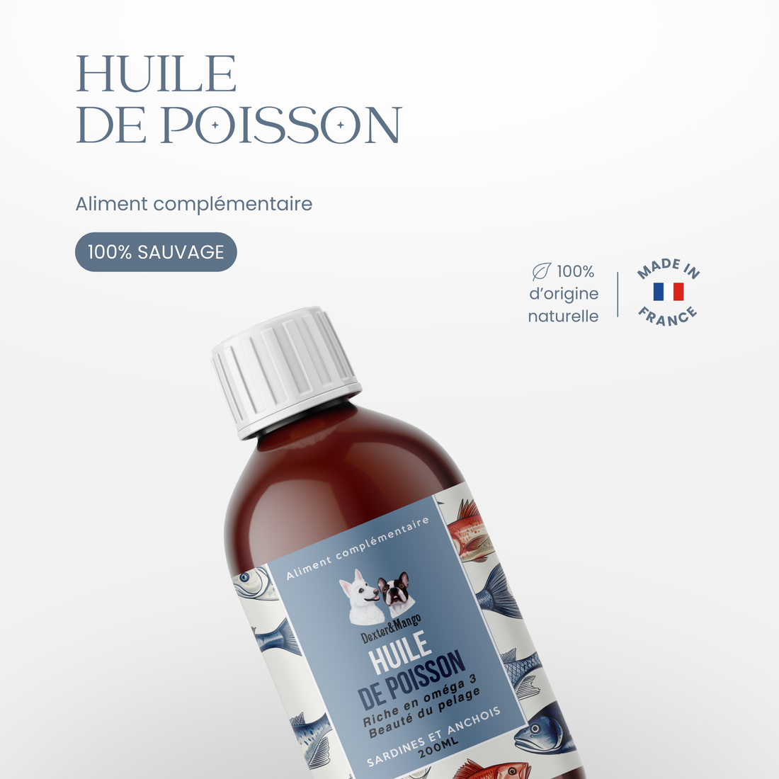 Huile de poisson 100 % naturelle pour chien Dexter &amp; Mango, issue de poissons sauvages, made in France
