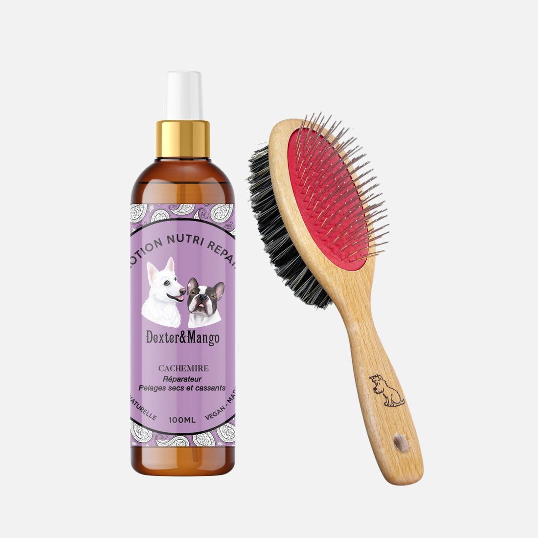 Lotion Cachemire Dexter & Mango et brosse en bois pour chien, pack soin pelage abîmé