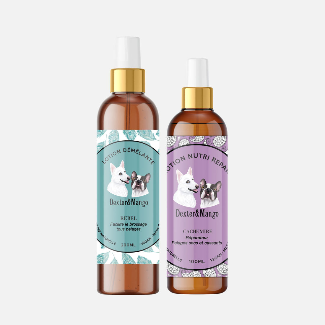 Deux lotions naturelles pour chien Dexter & Mango : lotion démêlante Rebel et lotion réparatrice Cachemire, pour un pelage doux et sain.