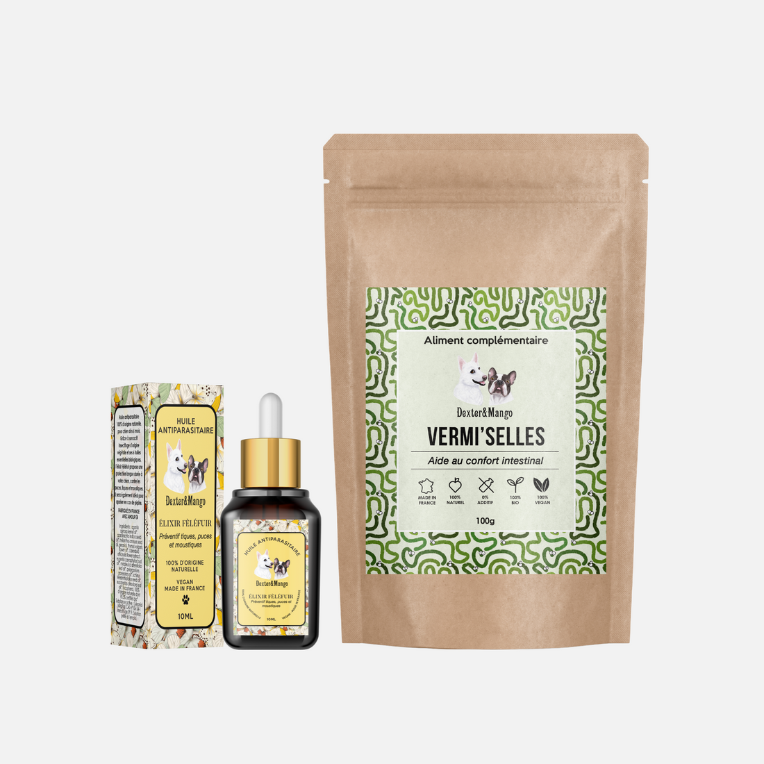 Pack antiparasitaire naturel pour chien avec l’Élixir Fèléfuir et Vermi’Selles de Dexter &amp; Mango