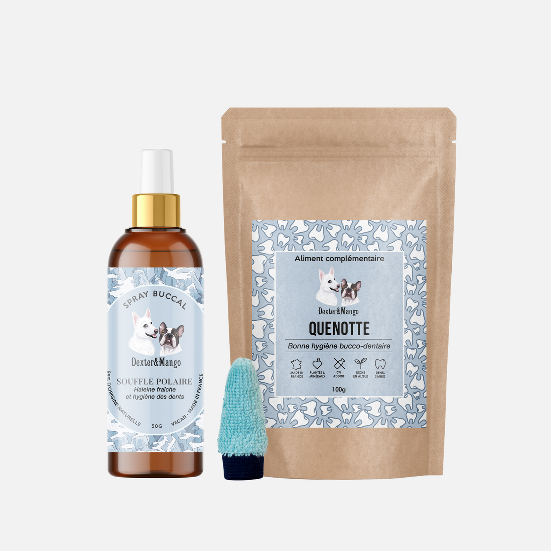 Pack dentaire naturel Dexter &amp; Mango composé du spray Souffle Polaire, du complément Quenotte et d’un doigtier pour l’hygiène bucco-dentaire du chien