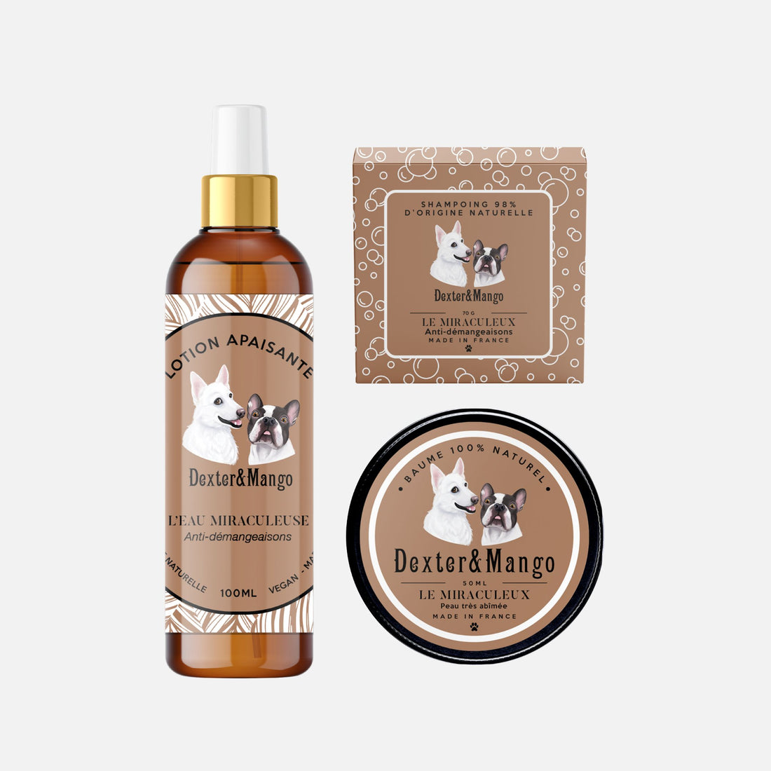 Pack de soins anti-démangeaisons pour chien Dexter & Mango comprenant l’eau Miraculeuse, le shampoing solide et le baume Miraculeux