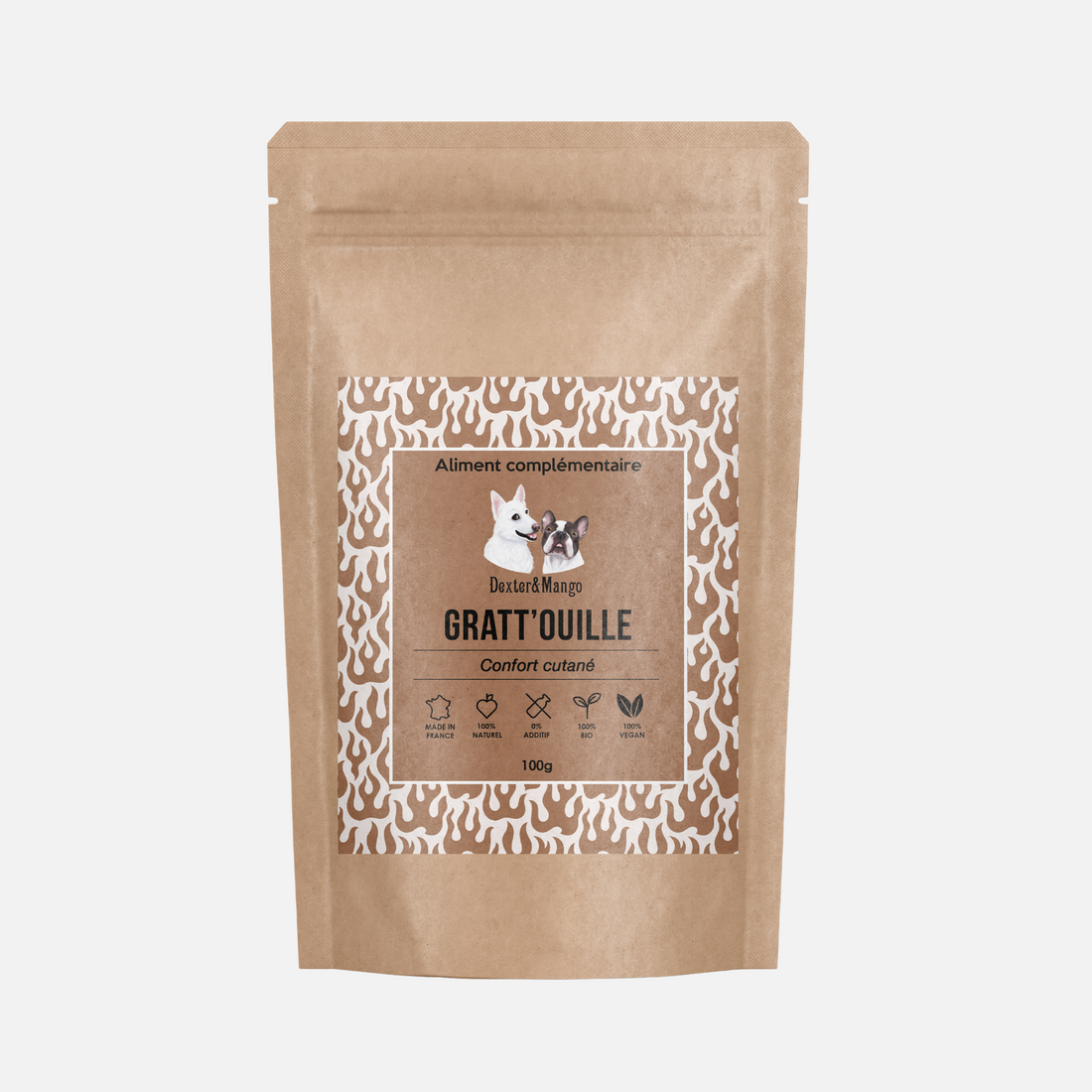 Sachet de 100g de Gratt’ouille, l’aliment complémentaire naturel pour chiens et chats, conçu pour soulager les problèmes de peau et améliorer la qualité du pelage