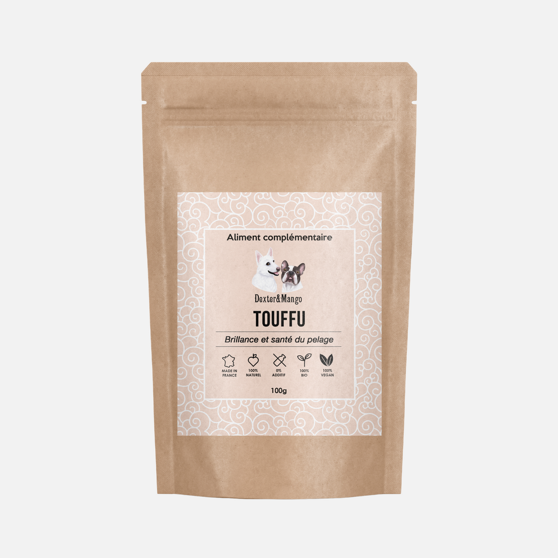 Sachet de l’aliment complémentaire Touffu, destiné à améliorer la santé et la beauté du pelage des chiens et chats.