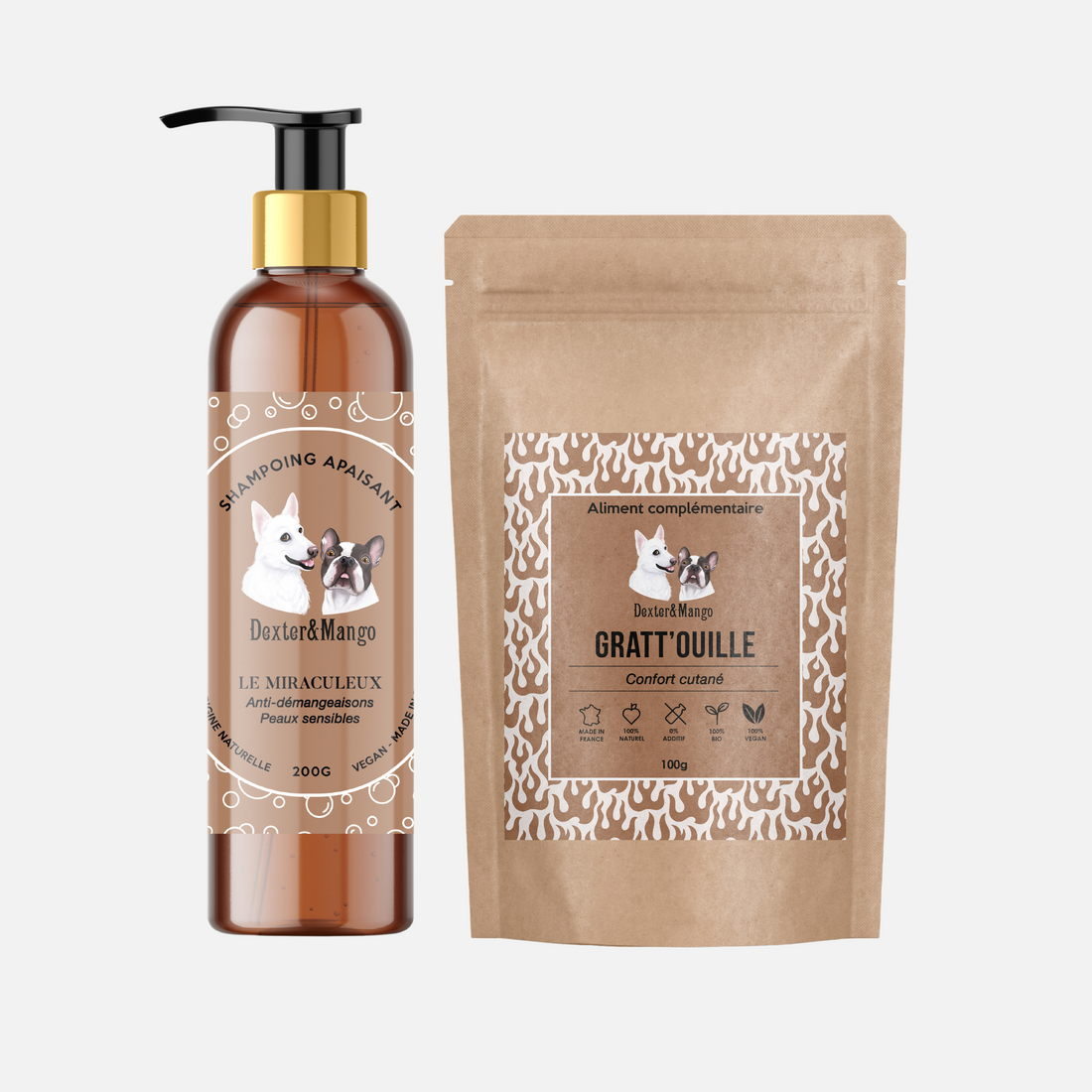 Pack shampoing apaisant et complément alimentaire Gratt’ouille pour chien Dexter &amp; Mango