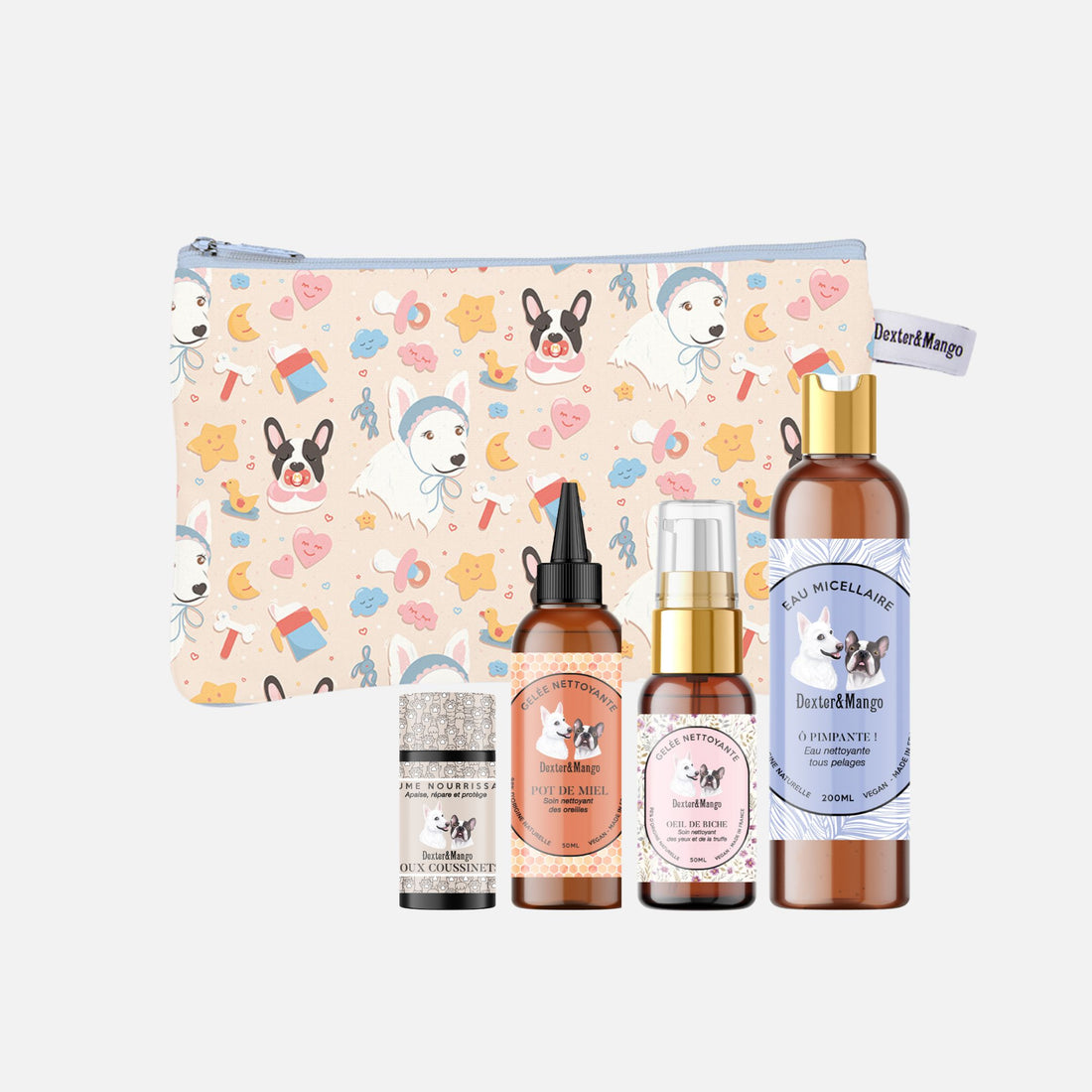 Pochette illustrée Dexter & Mango accompagnée des essentiels pour l’entretien et l’hygiène de votre chien