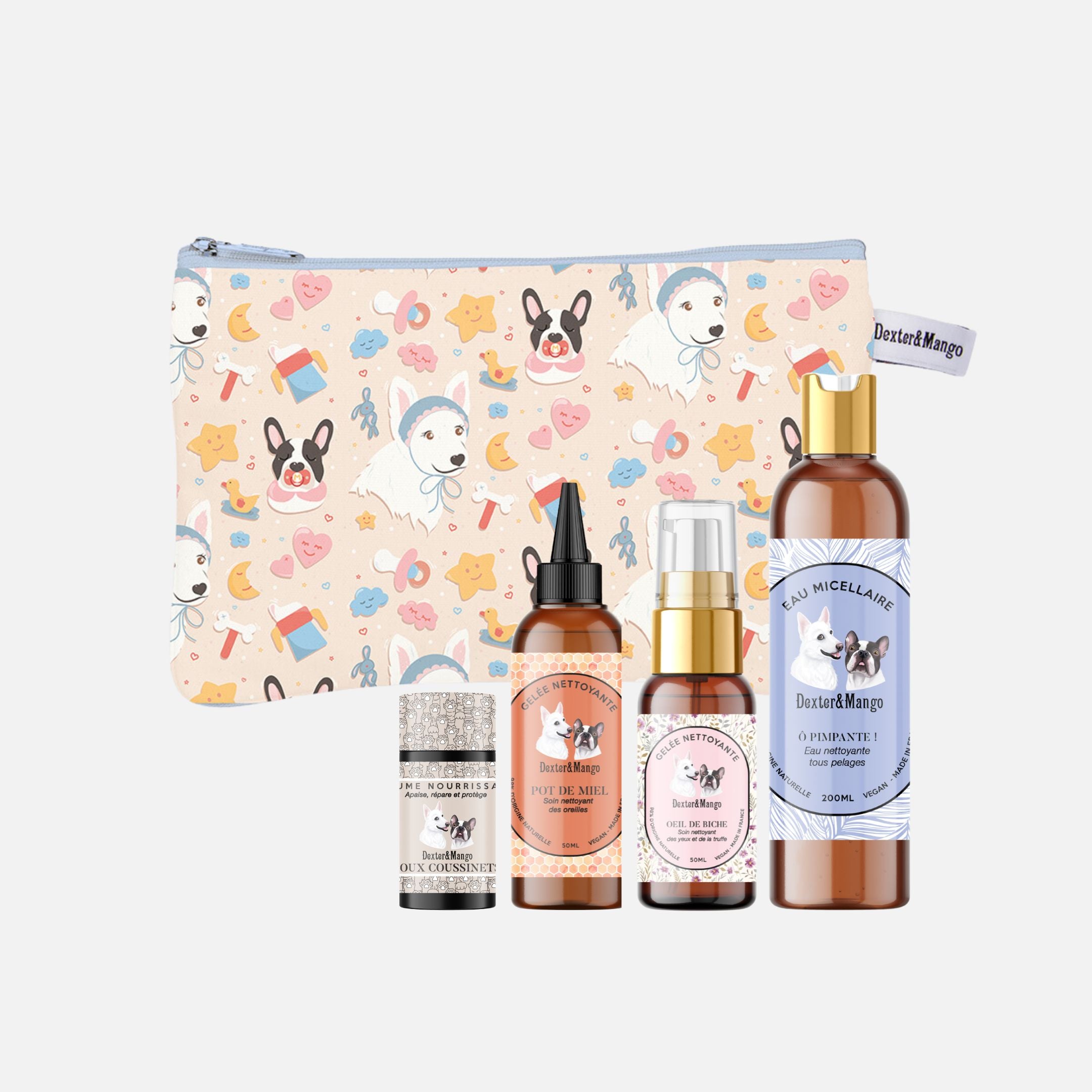 Pochette illustrée Dexter &amp; Mango accompagnée des essentiels pour l’entretien et l’hygiène de votre chien